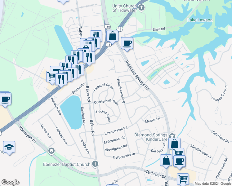 map of restaurants, bars, coffee shops, grocery stores, and more near 1221 Freehold Close in Virginia Beach