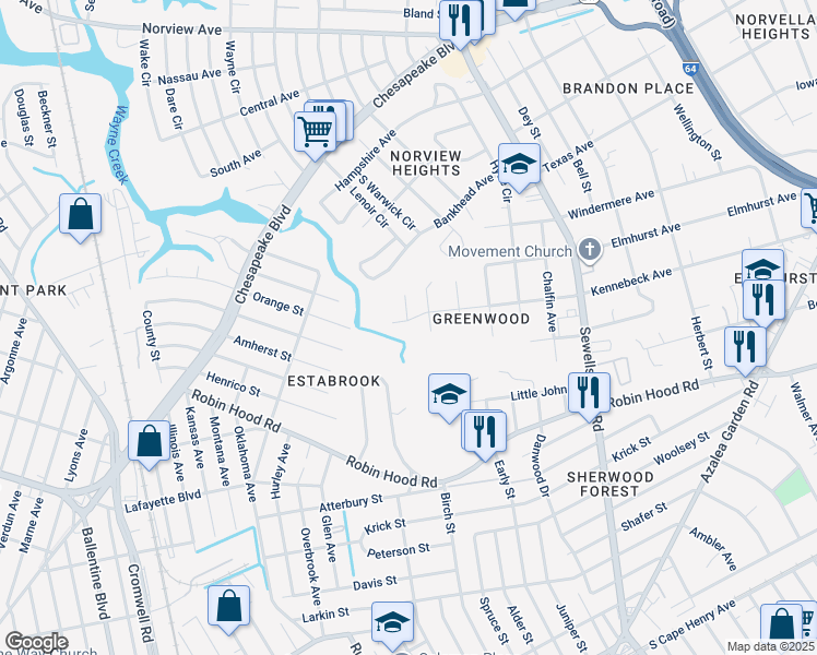 map of restaurants, bars, coffee shops, grocery stores, and more near 4509 Kennebeck Ave in Norfolk