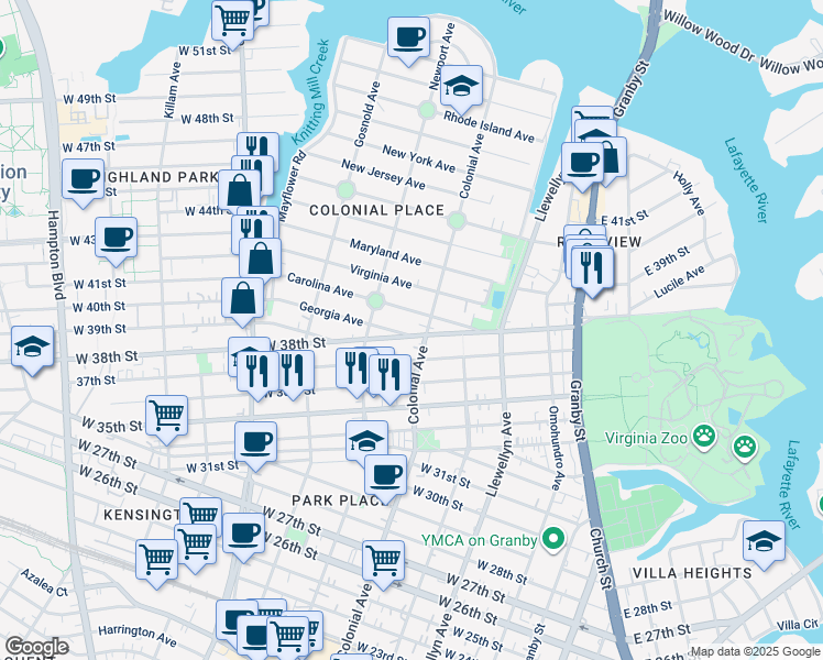 map of restaurants, bars, coffee shops, grocery stores, and more near 502 Georgia Avenue in Norfolk