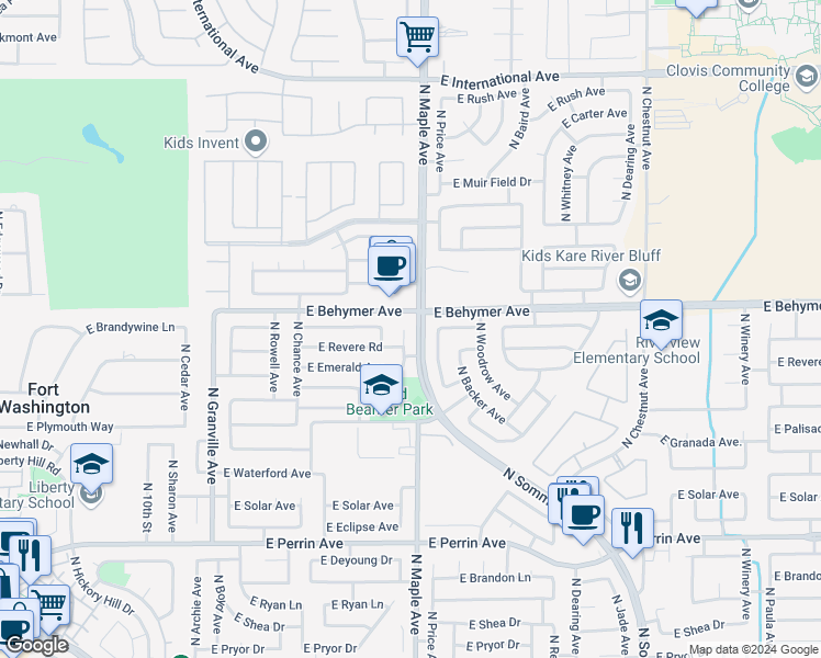 map of restaurants, bars, coffee shops, grocery stores, and more near 9916 North Meridian Avenue in Fresno