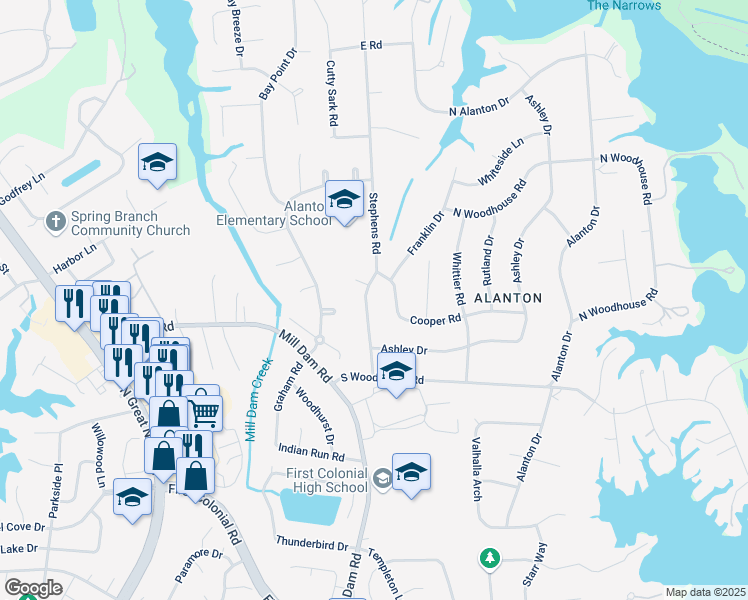 map of restaurants, bars, coffee shops, grocery stores, and more near 1376 Stephens Road in Virginia Beach