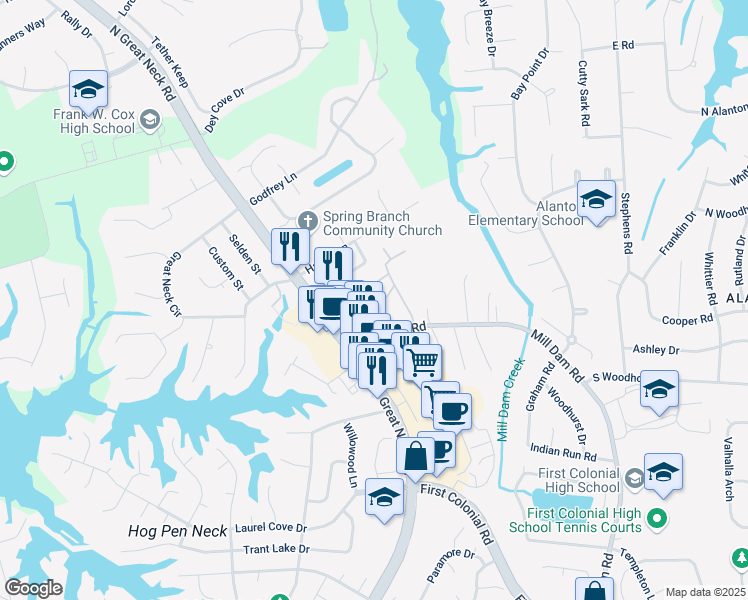 map of restaurants, bars, coffee shops, grocery stores, and more near 1441 Shoveller Avenue in Virginia Beach