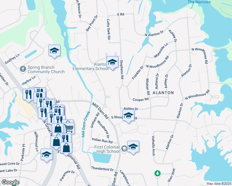 map of restaurants, bars, coffee shops, grocery stores, and more near 1376 Stephens Road in Virginia Beach