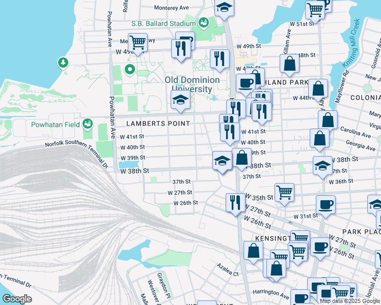map of restaurants, bars, coffee shops, grocery stores, and more near 1320 West 39th Street in Norfolk