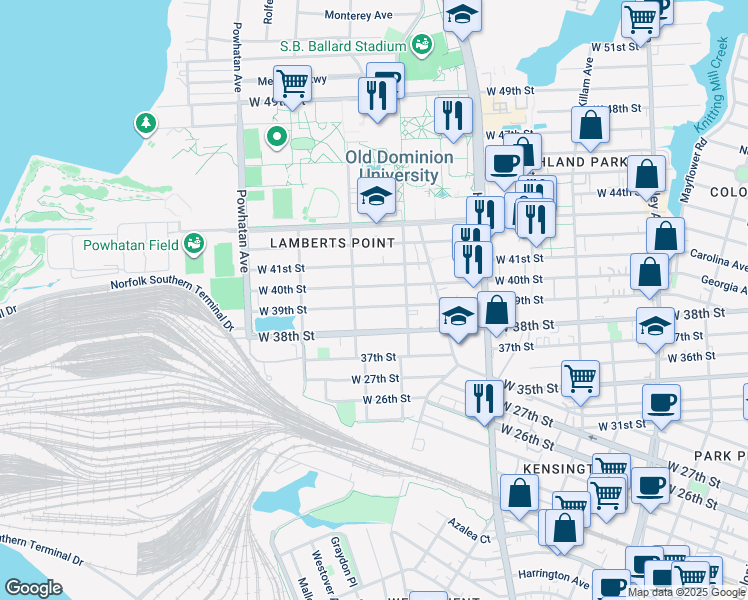map of restaurants, bars, coffee shops, grocery stores, and more near 1330 West 39th Street in Norfolk