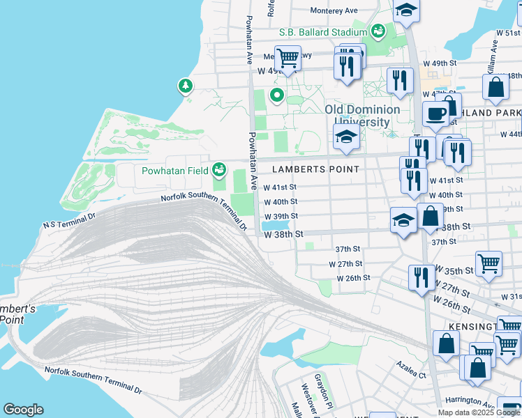 map of restaurants, bars, coffee shops, grocery stores, and more near 3906 Powhatan Avenue in Norfolk