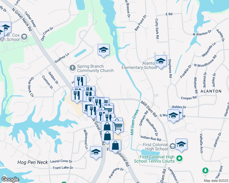 map of restaurants, bars, coffee shops, grocery stores, and more near 1512 Mill Dam Road in Virginia Beach