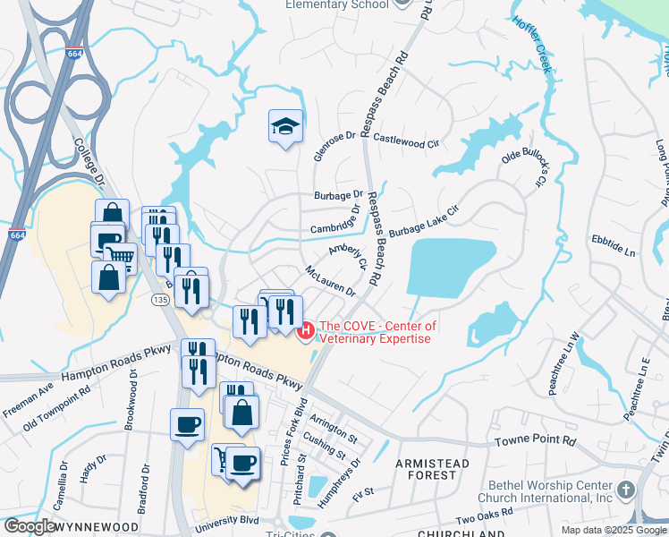 map of restaurants, bars, coffee shops, grocery stores, and more near 6105 Compton Court in Suffolk