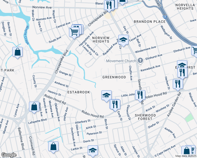 map of restaurants, bars, coffee shops, grocery stores, and more near 4509 Kennebeck Avenue in Norfolk