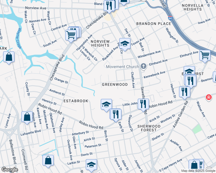 map of restaurants, bars, coffee shops, grocery stores, and more near 4589 Kennebeck Avenue in Norfolk