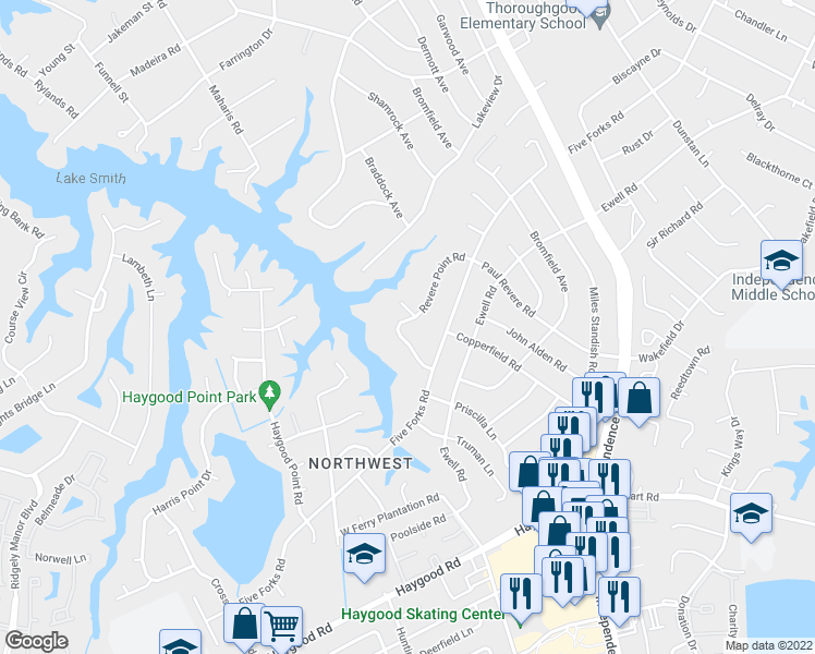map of restaurants, bars, coffee shops, grocery stores, and more near 1120 West Revere Point Road in Virginia Beach
