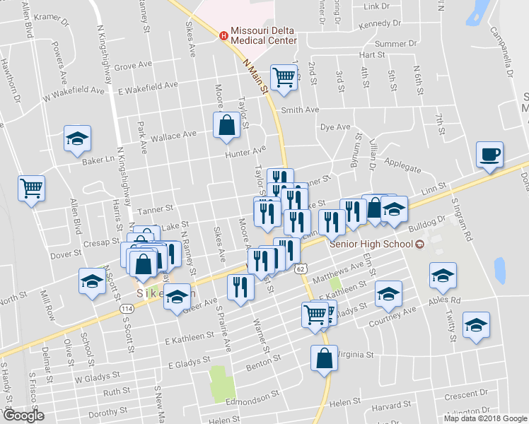 map of restaurants, bars, coffee shops, grocery stores, and more near Lake Street in Sikeston