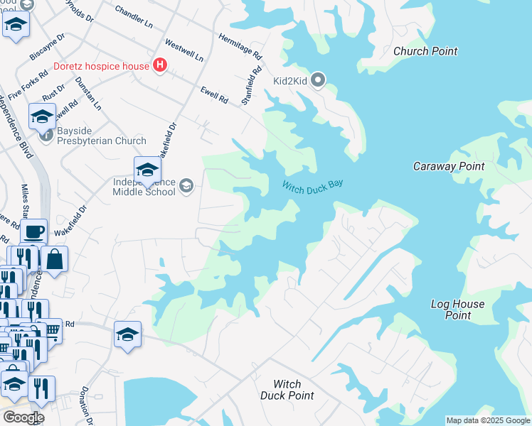 map of restaurants, bars, coffee shops, grocery stores, and more near 4105 White Acres Road in Virginia Beach