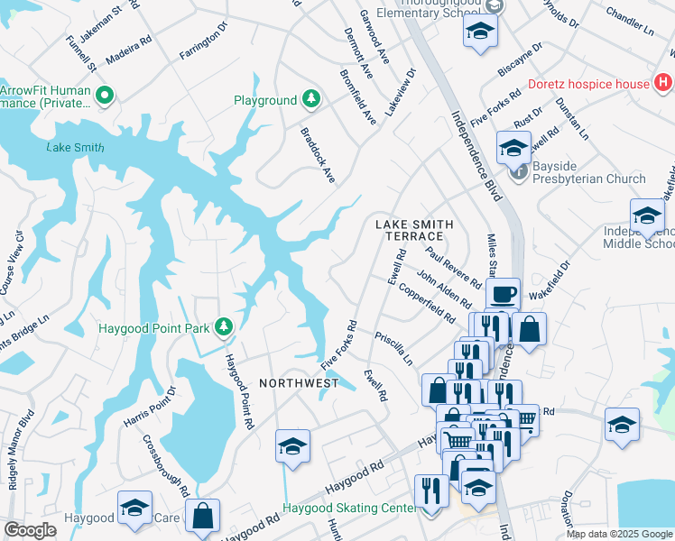 map of restaurants, bars, coffee shops, grocery stores, and more near 1120 West Revere Point Road in Virginia Beach