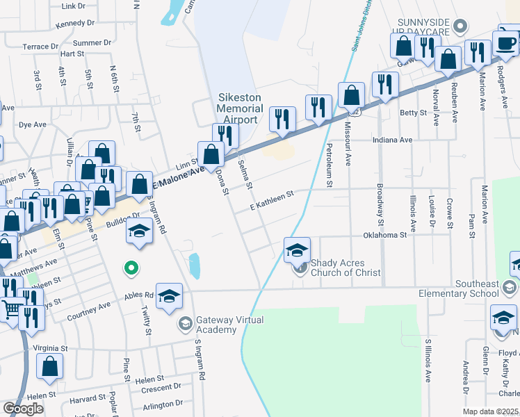 map of restaurants, bars, coffee shops, grocery stores, and more near 1501 East Kathleen Street in Sikeston