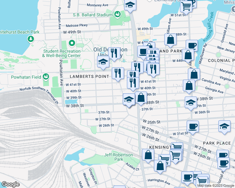 map of restaurants, bars, coffee shops, grocery stores, and more near 1256 West 39th Street in Norfolk