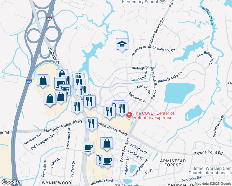 map of restaurants, bars, coffee shops, grocery stores, and more near 182 Graystone Trace in Suffolk