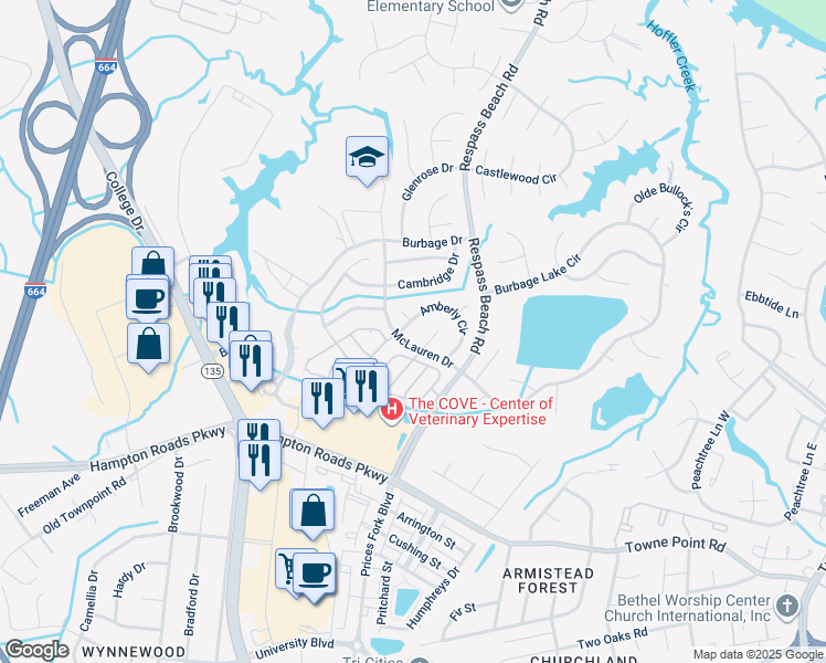 map of restaurants, bars, coffee shops, grocery stores, and more near 6105 Compton Court in Suffolk
