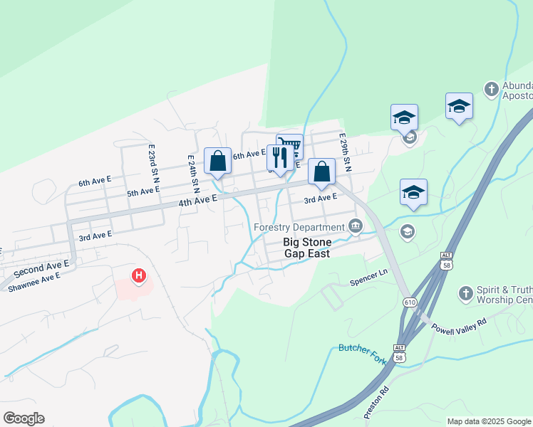 map of restaurants, bars, coffee shops, grocery stores, and more near 2017 2nd Avenue in Big Stone Gap