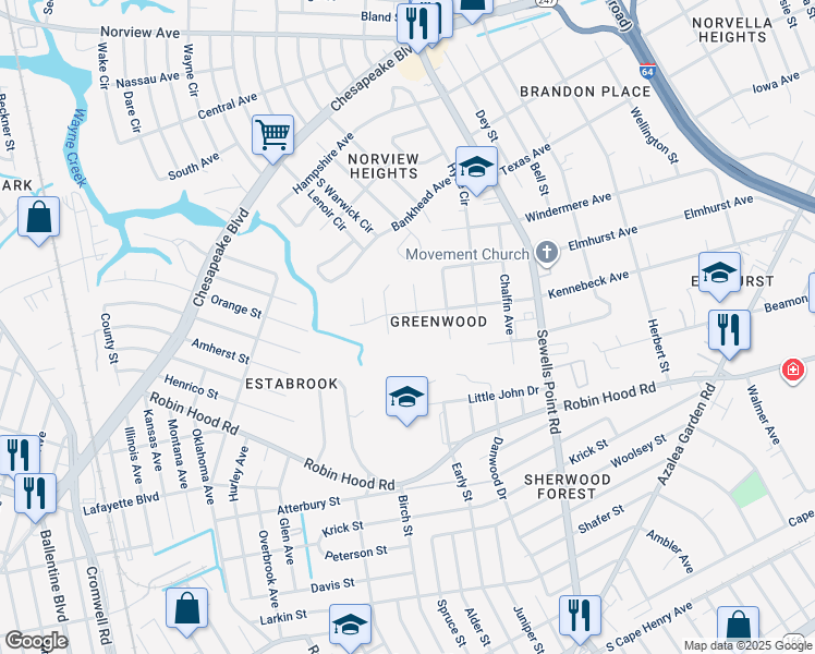 map of restaurants, bars, coffee shops, grocery stores, and more near 4583 Kennebeck Avenue in Norfolk