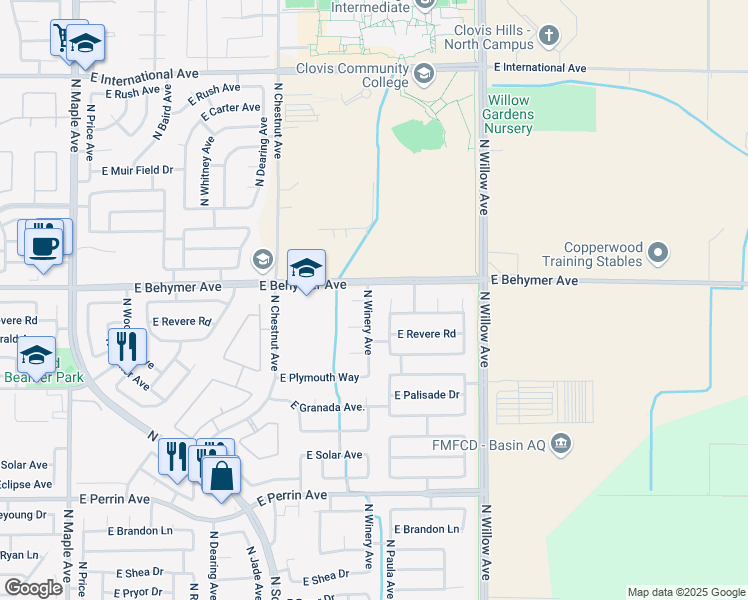 map of restaurants, bars, coffee shops, grocery stores, and more near 9946 North Winery Avenue in Fresno