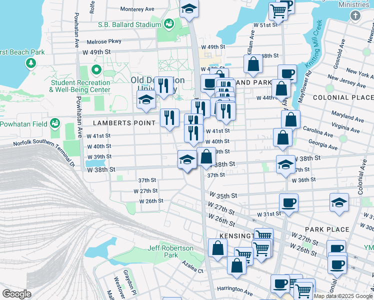 map of restaurants, bars, coffee shops, grocery stores, and more near 1228 West 39th Street in Norfolk