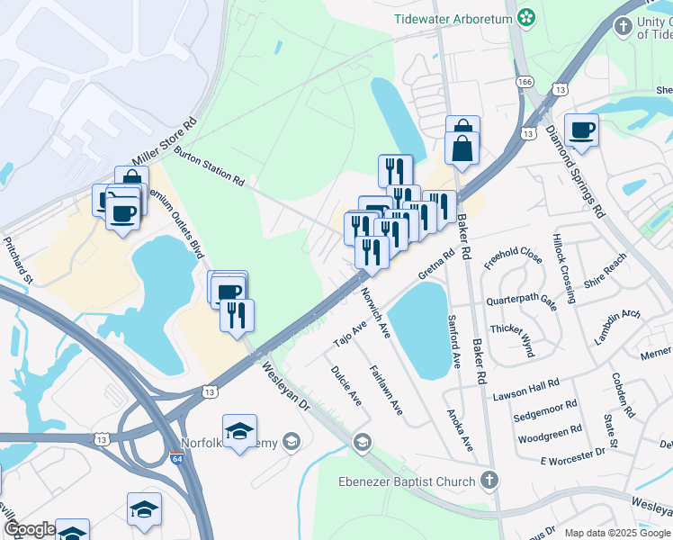 map of restaurants, bars, coffee shops, grocery stores, and more near 5856 Northampton Boulevard in Virginia Beach