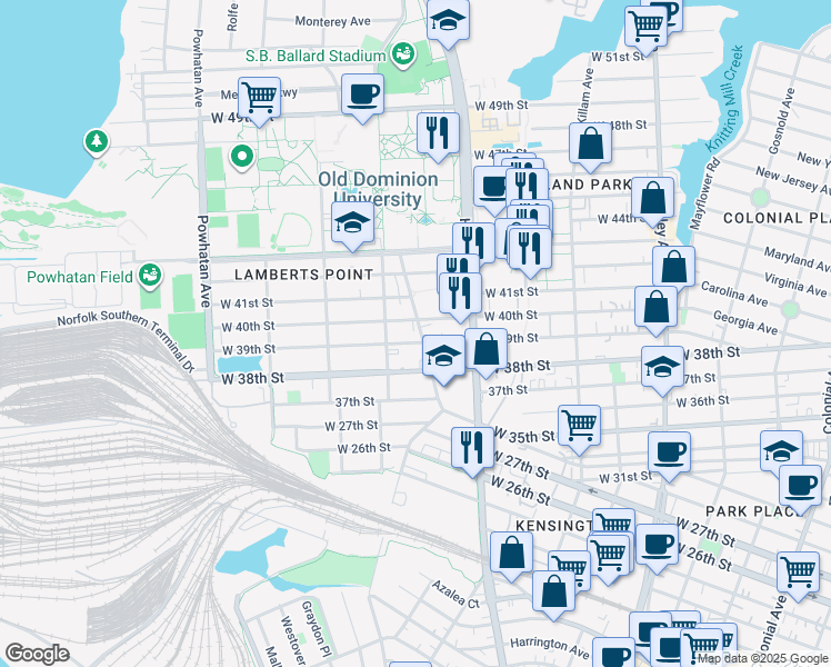 map of restaurants, bars, coffee shops, grocery stores, and more near 3909 Bowdens Ferry Road in Norfolk