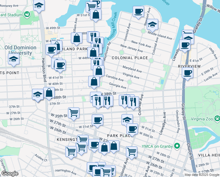 map of restaurants, bars, coffee shops, grocery stores, and more near 3901 Gosnold Avenue in Norfolk