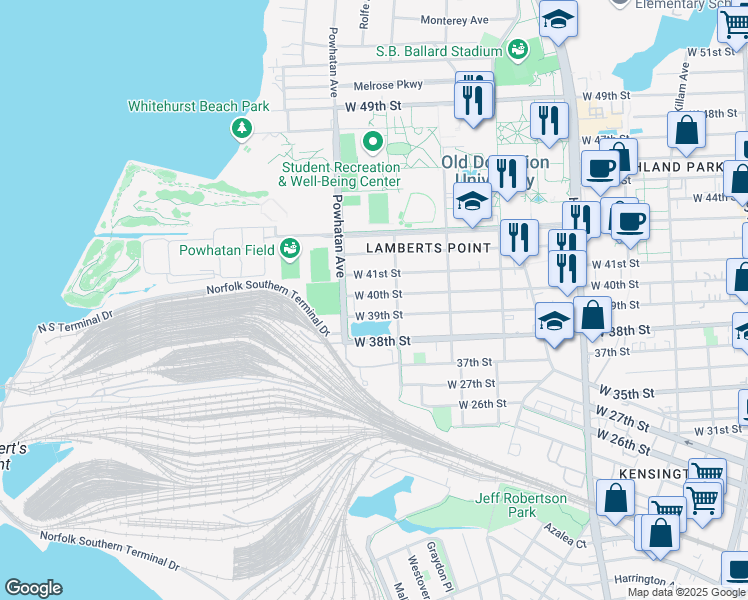 map of restaurants, bars, coffee shops, grocery stores, and more near 1523 West 40th Street in Norfolk