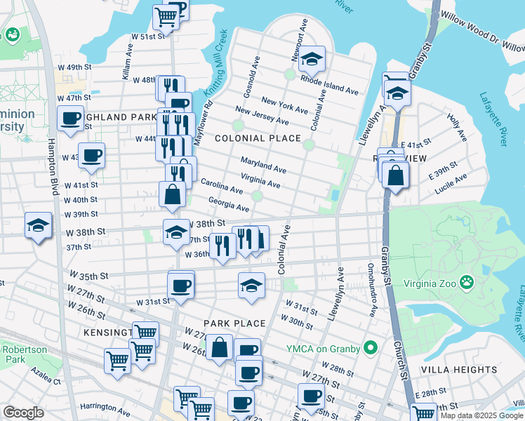 map of restaurants, bars, coffee shops, grocery stores, and more near 536 Georgia Avenue in Norfolk