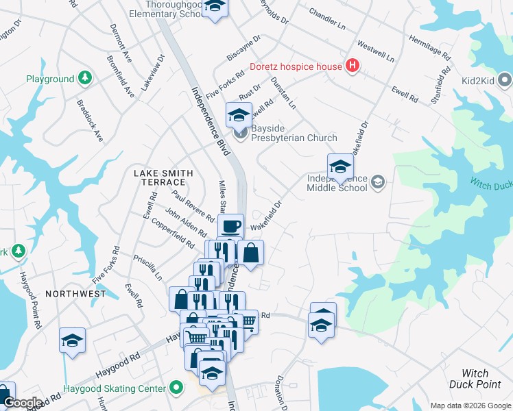 map of restaurants, bars, coffee shops, grocery stores, and more near 4529 Sir Johns Lane in Virginia Beach