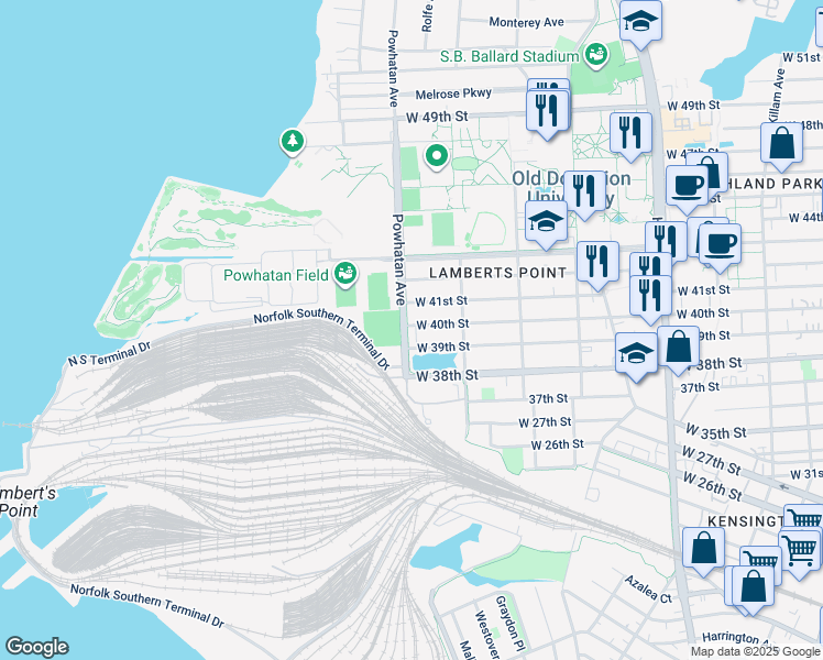 map of restaurants, bars, coffee shops, grocery stores, and more near 3914 Powhatan Avenue in Norfolk