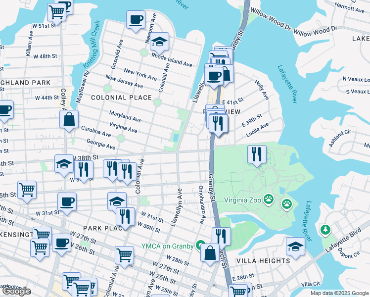 map of restaurants, bars, coffee shops, grocery stores, and more near 224 West 38th Street in Norfolk
