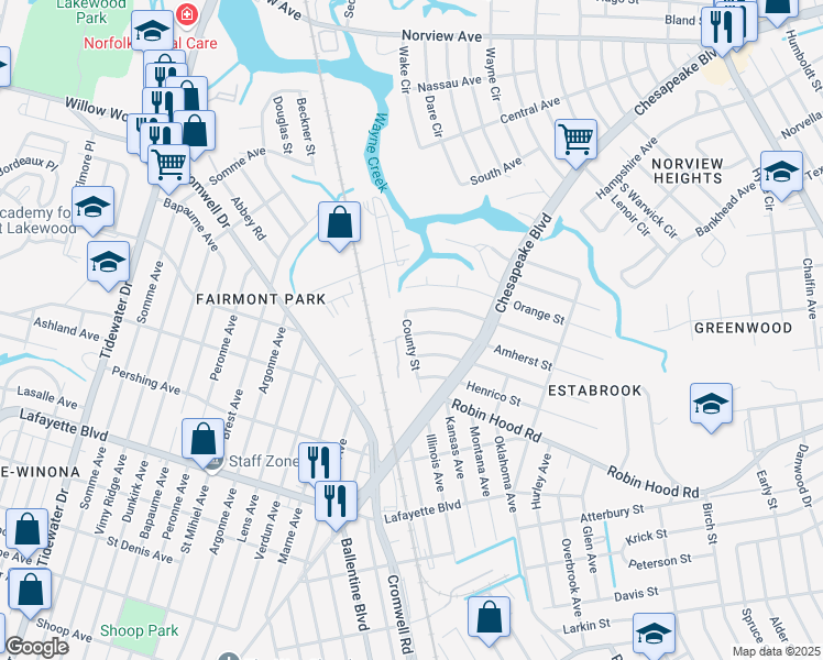 map of restaurants, bars, coffee shops, grocery stores, and more near 3500 Amherst Street in Norfolk