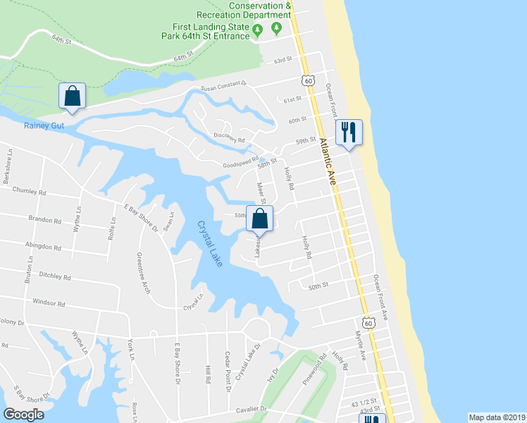 map of restaurants, bars, coffee shops, grocery stores, and more near 402 55th Street in Virginia Beach