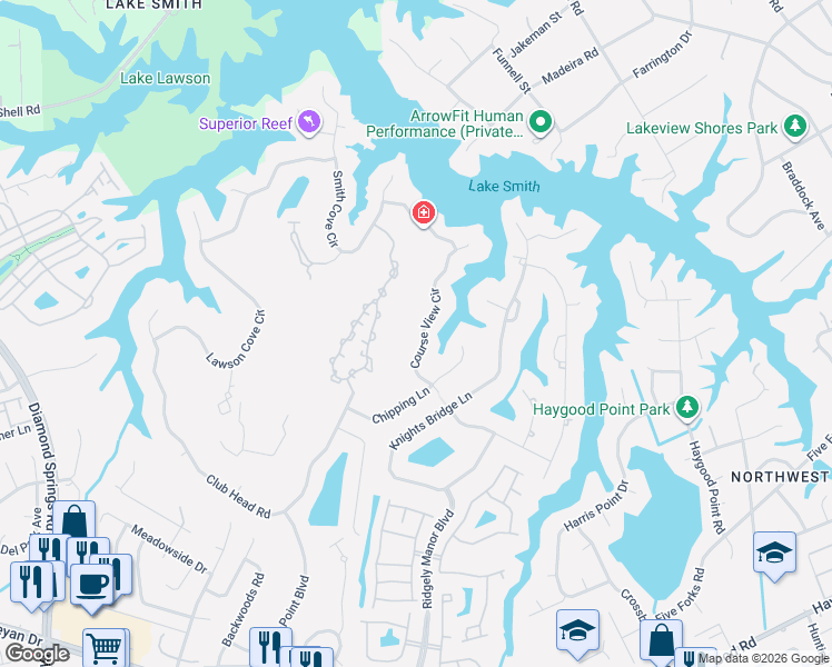map of restaurants, bars, coffee shops, grocery stores, and more near 1209 Course View Circle in Virginia Beach