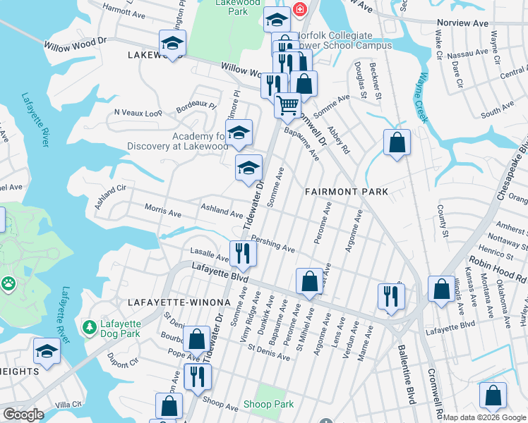 map of restaurants, bars, coffee shops, grocery stores, and more near 3314 Somme Avenue in Norfolk