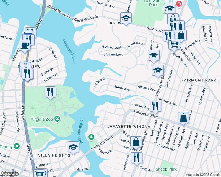 map of restaurants, bars, coffee shops, grocery stores, and more near 1520 Holland Avenue in Norfolk