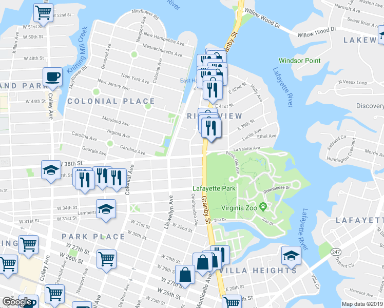 map of restaurants, bars, coffee shops, grocery stores, and more near 3721 Granby Street in Norfolk