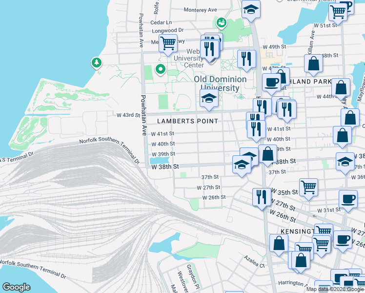 map of restaurants, bars, coffee shops, grocery stores, and more near 1438 West 39th Street in Norfolk