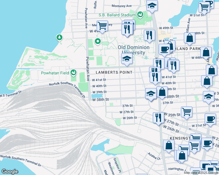 map of restaurants, bars, coffee shops, grocery stores, and more near 1441 West 40th Street in Norfolk