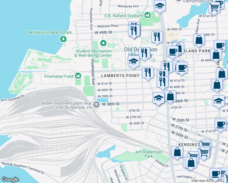 map of restaurants, bars, coffee shops, grocery stores, and more near 1438 West 39th Street in Norfolk