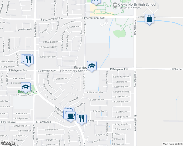 map of restaurants, bars, coffee shops, grocery stores, and more near 2491 East Behymer Avenue in Fresno