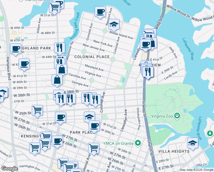 map of restaurants, bars, coffee shops, grocery stores, and more near 418 West 38th Street in Norfolk