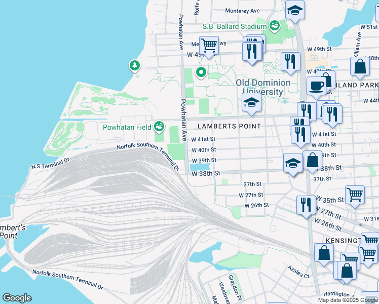 map of restaurants, bars, coffee shops, grocery stores, and more near 3914 Powhatan Avenue in Norfolk