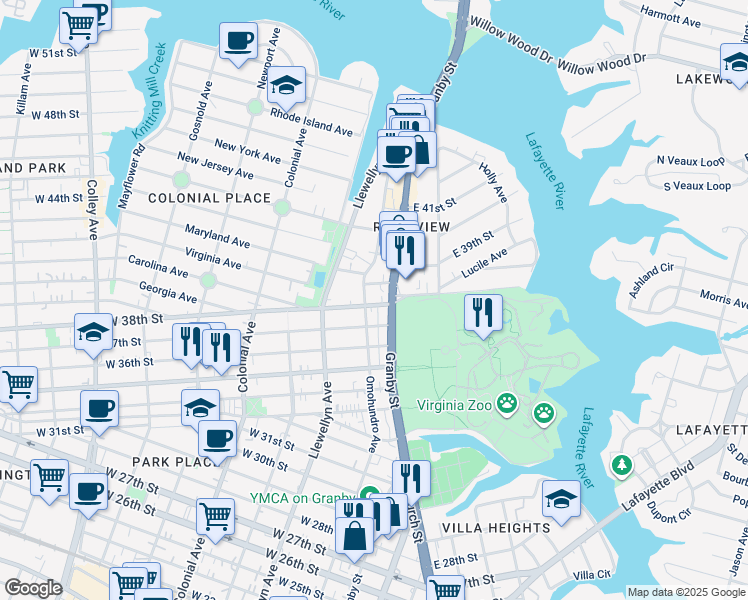 map of restaurants, bars, coffee shops, grocery stores, and more near 114 West 38th Street in Norfolk