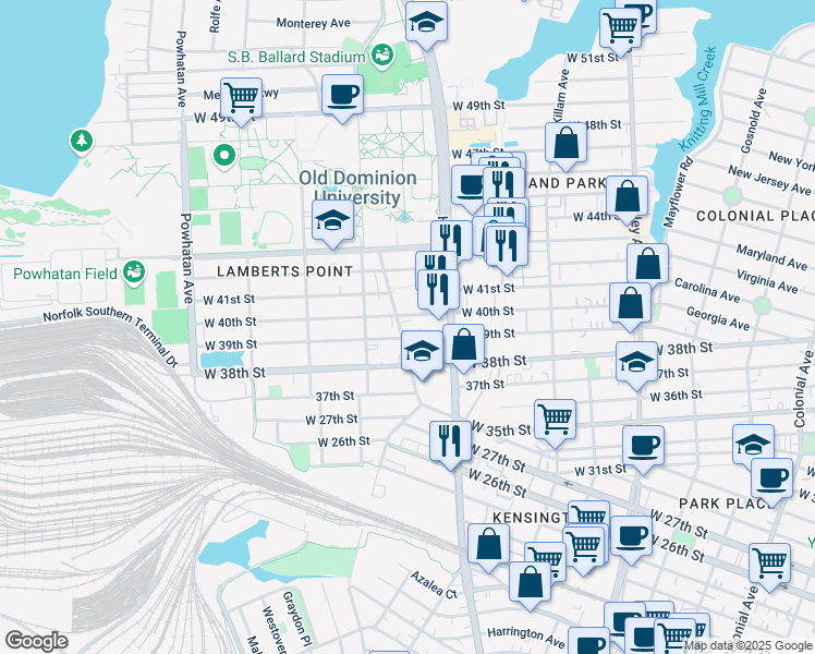 map of restaurants, bars, coffee shops, grocery stores, and more near 1228 West 39th Street in Norfolk