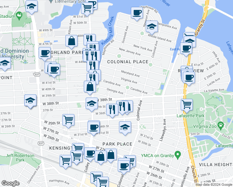 map of restaurants, bars, coffee shops, grocery stores, and more near 627 Georgia Avenue in Norfolk