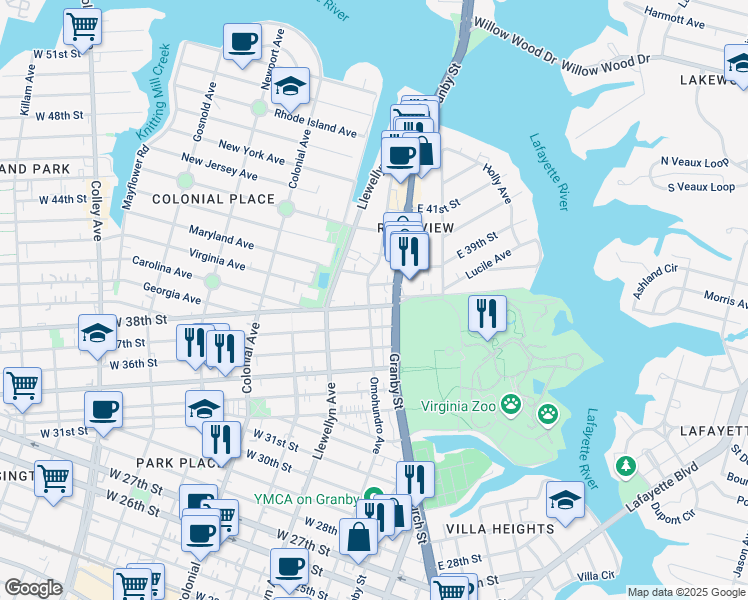 map of restaurants, bars, coffee shops, grocery stores, and more near 3721 Granby Street in Norfolk